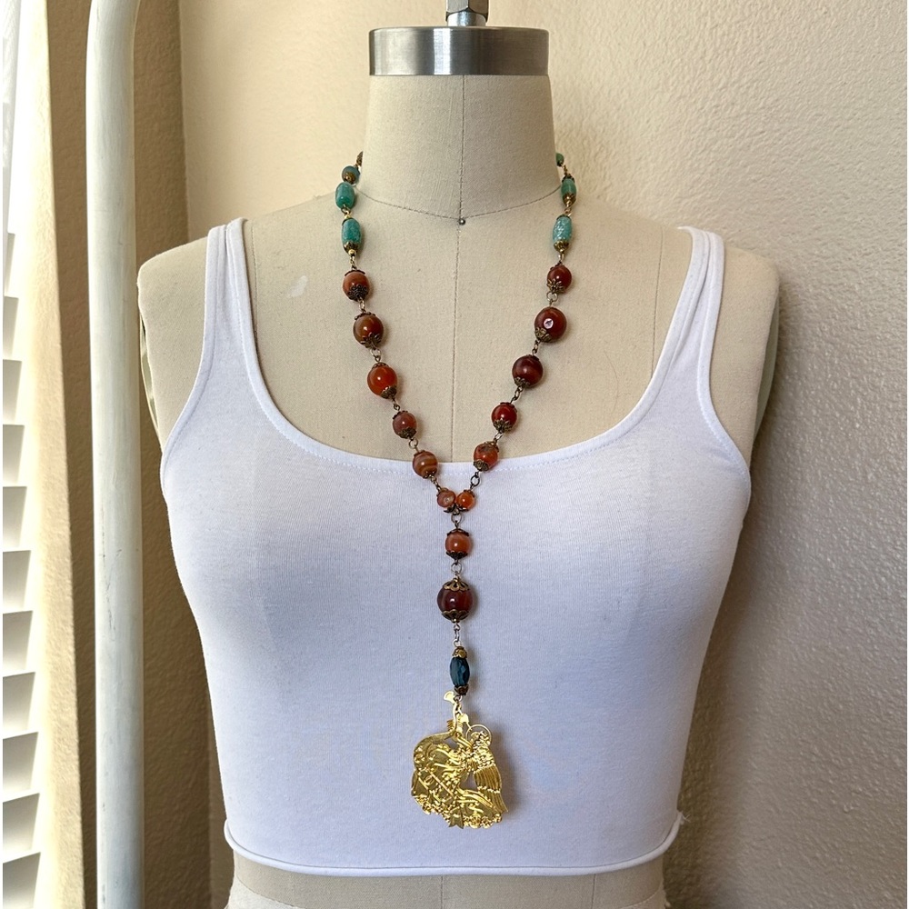 Upcycled rosary style gemstone necklace, herald Angel pendant, statement jewelry